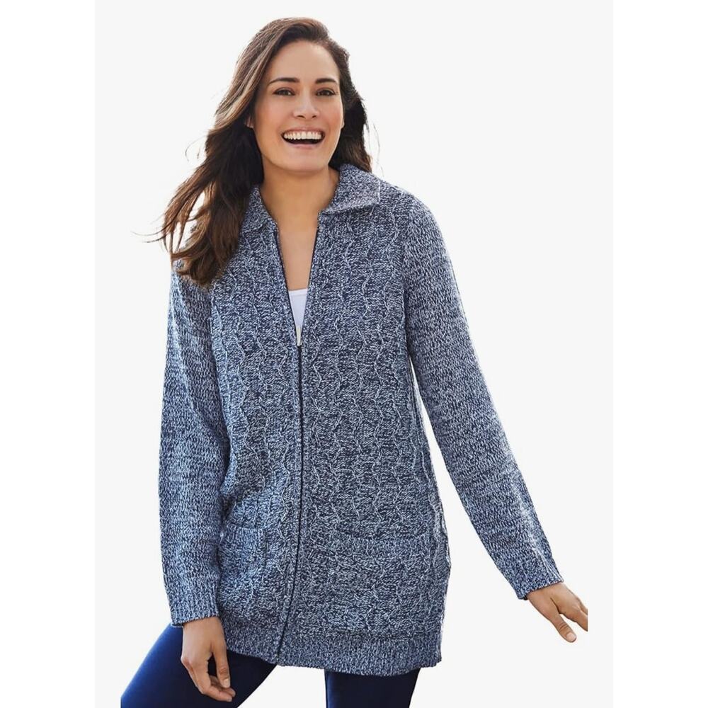 Woman Within Cardigan Sweater Plus Size L 18/20 Zip Up Long Sleeve Black White